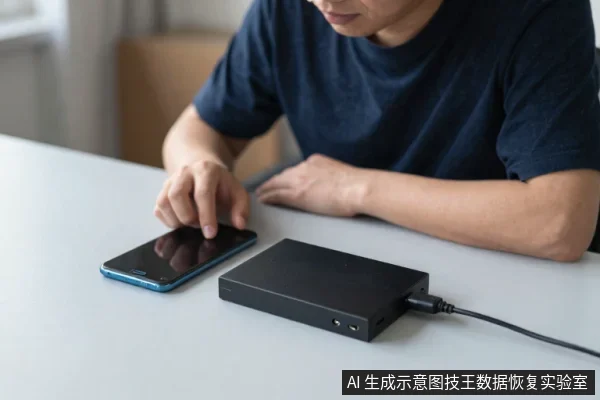 一名男子坐在桌前,用手指操作一部蓝色边框的智能手机,手机旁放着一块黑色外置硬盘,硬盘通过黑色线缆连接。