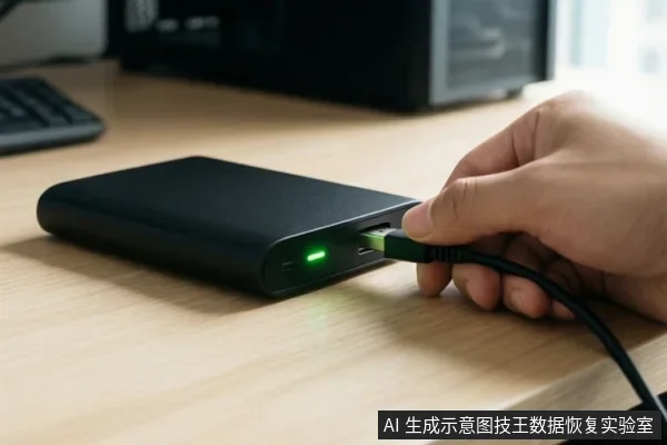 一只手正在将USB数据线插入桌面上的黑色移动硬盘,硬盘指示灯亮起绿色。