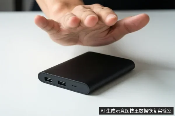 一只手悬停在白色桌面上的黑色移动硬盘上方,硬盘侧面可见多个接口,未进行插拔或连接操作。