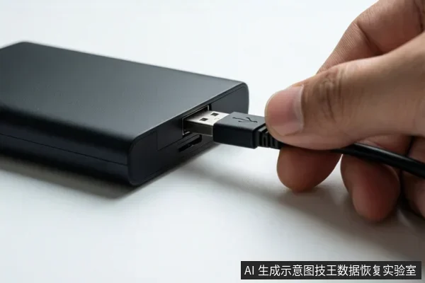 一只手正将USB数据线插入放置在白色桌面上的黑色移动硬盘接口。