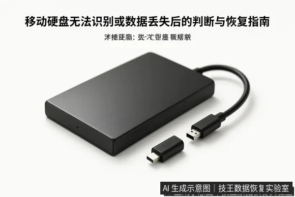 文章内容场景示意图:移动硬盘无法识别或数据丢失后的判断与恢复指南