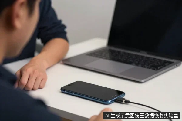 一名亚洲成年人坐在白色桌前，桌上放着一部蓝色手机，手机通过数据线连接着一台银色笔记本电脑。