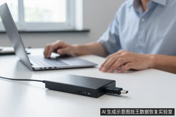 一名穿浅蓝色衬衫的亚洲成年人坐在桌前操作笔记本电脑,桌面上放着一个黑色外置硬盘盒,盒侧插着USB数据线,另一侧插着USB设备。
