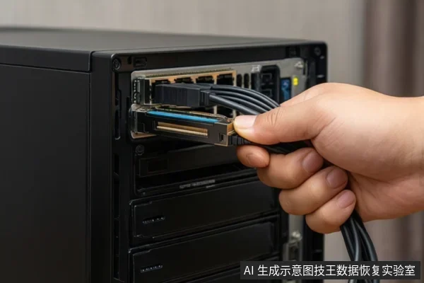 黑色机箱后部接口区,一只手正握持并插拔多根SATA数据线与电源线,接口面板和线缆清晰可见。