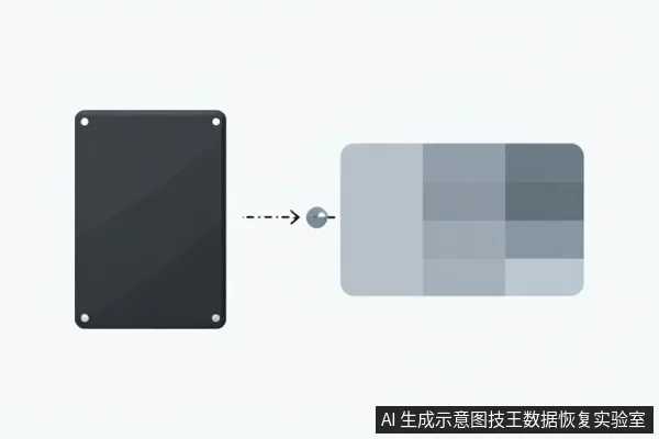 左侧黑色矩形存储设备带四角螺丝,右侧灰色矩形被划分为多个深浅不一的色块,中间有虚线箭头指向右侧。