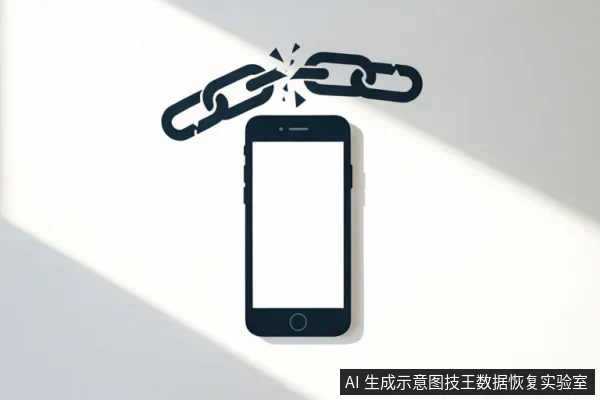 一部黑色智能手机位于画面中央,屏幕空白。手机上方有一条断裂的链条,断口处有放射状线条,背景为浅色斜向光影。