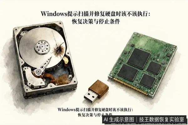 正文场景：文章内容场景示意图：Windows提示扫描并修复硬盘时该不该执行：恢复决策与停止条件