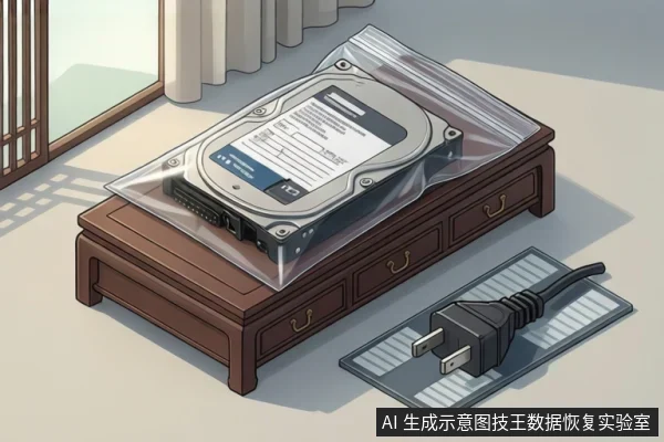 透明防静电袋中的机械硬盘平放在中式木柜上,旁边灰色垫子上放着一个未插入插座的两脚电源插头。
