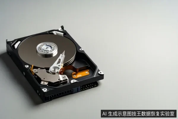一块打开外壳的机械硬盘平放在浅灰色背景上,可见金属盘片、中心主轴、读写磁头臂、橙色线圈组件以及底部数据与电源接口。