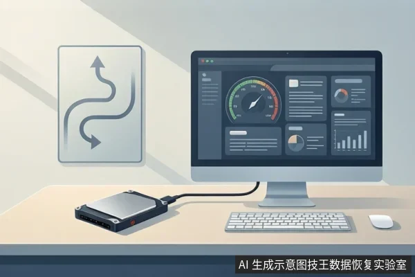 桌面上外置硬盘盒通过USB线连接一体机电脑,屏幕显示仪表盘监控界面,左侧墙面有弯曲箭头图标,旁置键盘鼠标。