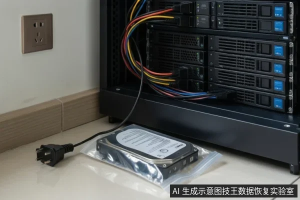防静电袋包装的机械硬盘放在桌面,旁边三脚电源线插头未插入墙插,背景为机架式存储设备。