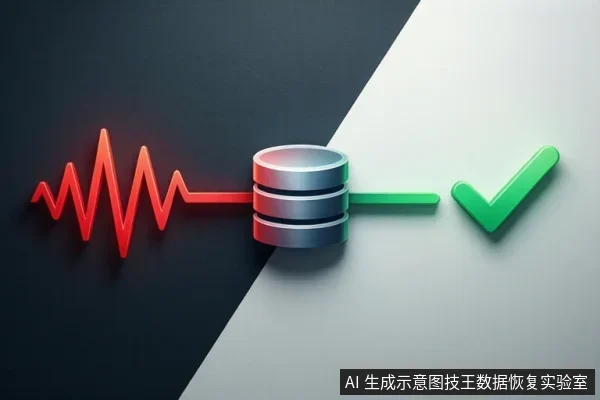 画面左侧为红色波形信号,中间为三层圆柱状硬盘图标,右侧为绿色对勾,背景为黑白对角分割。