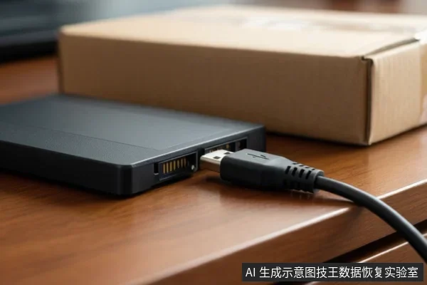 木桌上放着一个黑色外置固态硬盘，侧面接口插着一根USB数据线，后方摆着一个牛皮纸快递盒。