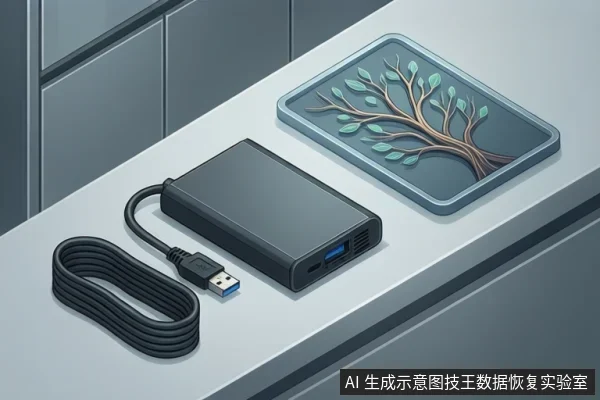白色桌面上放着一块黑色移动硬盘,旁边盘绕着一根USB数据线,线头未插入任何设备,右侧有一块带树形图案的平板状物体。
