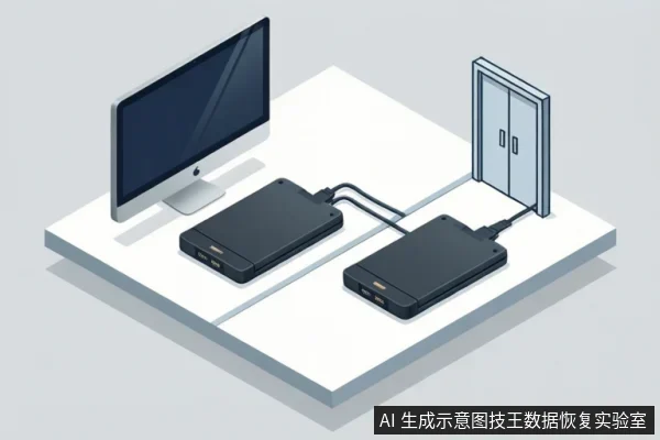 白色桌面上摆放一台显示器和两个黑色外置硬盘盒，分别用线缆连接显示器与右侧立式机柜。
