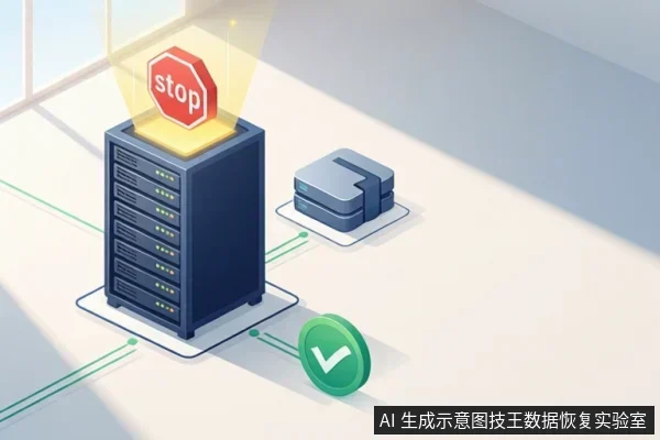 插画中一台服务器机柜上方悬浮红色STOP标志，旁边放置一块硬盘，下方有绿色对勾图标，绿色线条连接各元素。