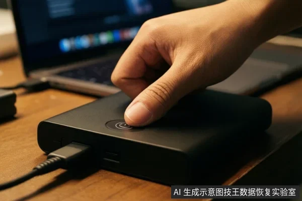 木桌上放置一块黑色机械硬盘,侧面插着USB线,一只手正按压硬盘顶部的电源按钮,背景有一台笔记本电脑。