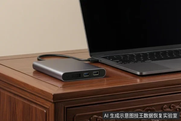 银灰色外置移动硬盘放在红木桌面上,通过一根黑色USB线连接到右侧笔记本电脑侧面接口,笔记本屏幕呈黑屏状态。
