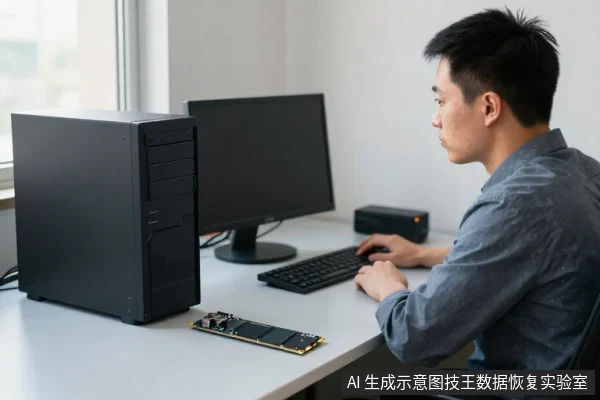 一名亚洲男性坐在白色办公桌前，桌上放有黑色台式主机、显示器、键盘和一块M.2固态硬盘，他正看向屏幕。