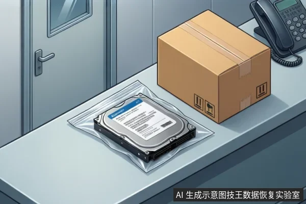 桌面上防静电袋内装一块机械硬盘,旁边放着贴有标识的棕色纸箱和一部座机电话,背景为房门。