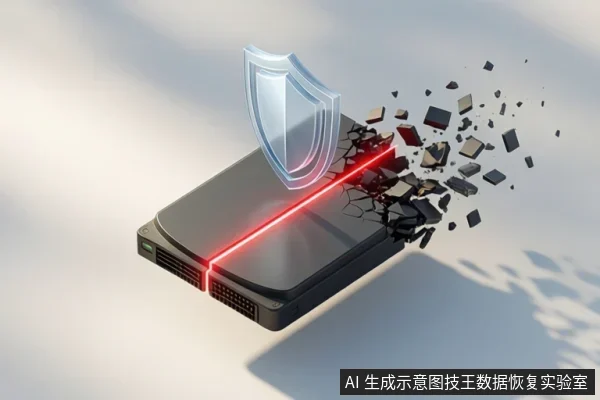 一个移动硬盘设备,上方悬浮着透明盾牌,红色光线划过硬盘表面,右侧外壳碎裂飞溅。