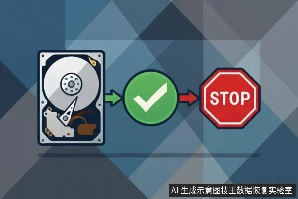 左侧为打开外壳的机械硬盘,中间是绿色对勾图标,右侧是红色STOP标志,箭头依次连接,表示从硬盘检查到停止操作。