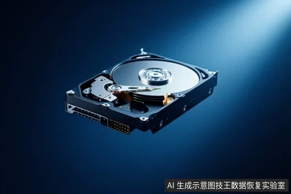 蓝色渐变背景中悬浮着一块打开外壳的机械硬盘,可见圆形盘片、磁头臂和尾部接口。
