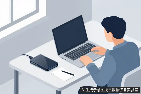 一名男子坐在桌前使用笔记本电脑,桌面左侧放着一块连接黑色数据线的移动硬盘和一张白纸