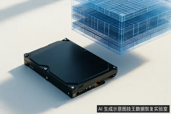 画面左下放置一块黑色机械硬盘,右上方悬浮蓝色线框结构,示意多层盘片或存储阵列,背景为浅色平面。