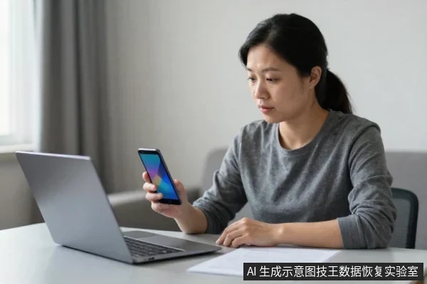一名亚洲女性坐在桌前,左手拿着显示彩色屏幕的手机,面前放着打开的笔记本电脑和一份文件。