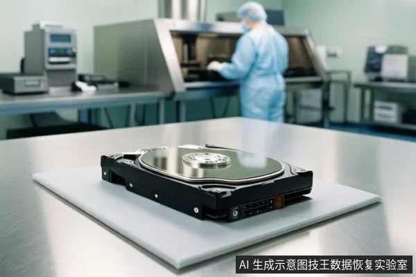洁净室环境中，一块打开外壳的机械硬盘静置在白色垫板上，背景中一名穿无尘服的工作人员正在操作大型设备。
