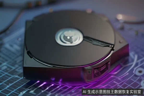 一个打开顶盖的机械硬盘,露出圆形盘片、主轴与磁头臂,侧面带有数据接口,放置在带电路板纹路的深色表面上,边缘有紫色光效。