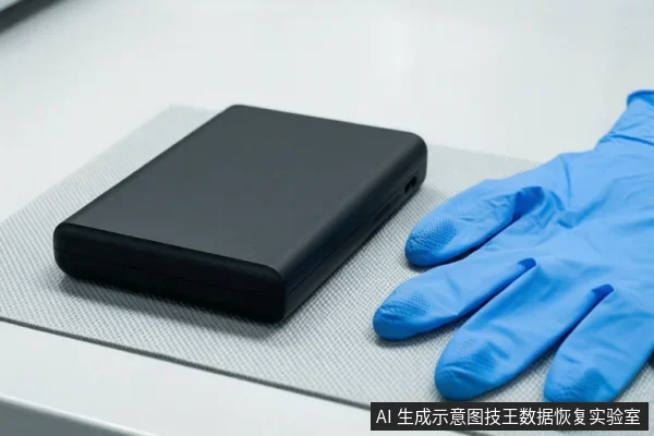 白色防静电垫上放置一个黑色移动硬盘，右侧有一只蓝色丁腈手套，画面无文字。