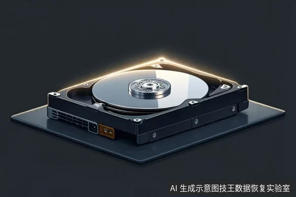 深色背景中,一块机械硬盘放置在一块黑色平板设备上,硬盘边缘有金色光效,接口清晰可见。