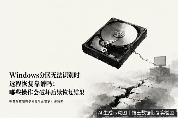 文章内容场景示意图:Windows分区无法识别时远程恢复靠谱吗:哪些操作会破坏后续恢复结果