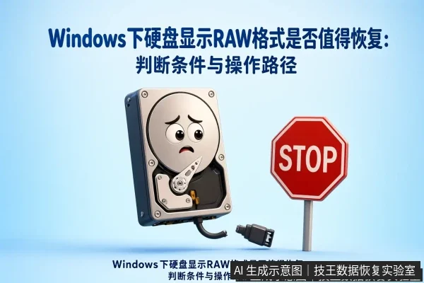 正文场景:文章内容场景示意图:Windows下硬盘显示RAW格式是否值得恢复:判断条件与操作路径