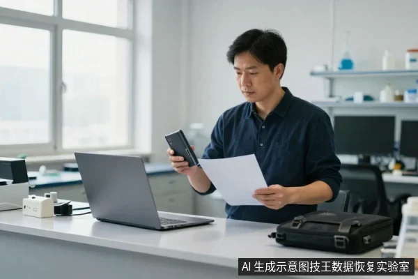 一名亚洲男子在实验室内手持黑色设备与纸张,面前放着笔记本电脑和黑色包。