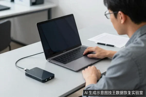 一名戴眼镜男子坐在桌前,右手操作笔记本电脑,电脑通过线缆连接左侧的黑色移动硬盘,桌面有纸张和笔。