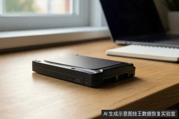 A black external hard drive enclosure with USB ports on a wooden desk.