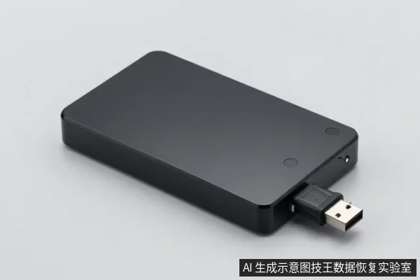 黑色长方形外置硬盘盒平放于浅色桌面,侧面接口插着一根USB数据线。