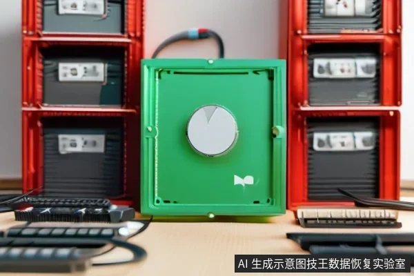 工作台中央立着一块绿色方形存储介质,露出圆形盘片与主轴,背景是红色机架上的多组黑色存储模块,桌面散落键盘与线缆。