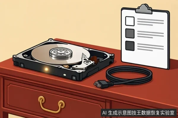 红色木柜上放着一个开盖的机械硬盘、一根SATA数据线和一张带有复选框的写字板。