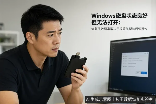 文章内容场景示意图:Windows磁盘状态良好但无法打开:恢复失败概率取决于故障类型与后续操作