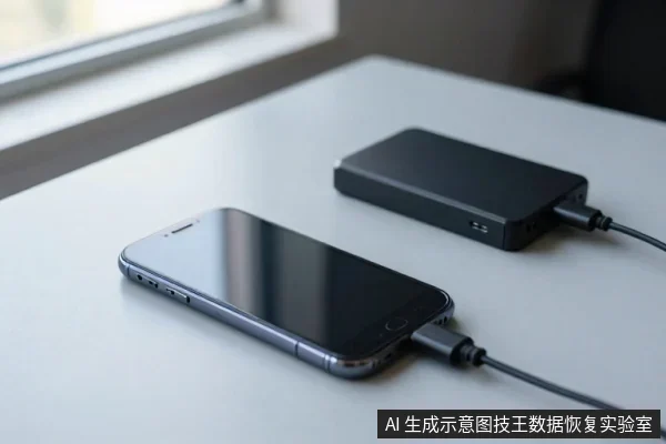 一部黑色智能手机与一个黑色移动电源平放在白色桌面上,两者均通过线缆连接,手机屏幕黑屏,移动电源侧面可见接口。
