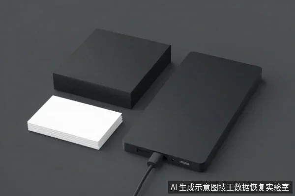 深灰色背景上,一块黑色移动硬盘通过线缆连接,旁边放着一个黑色方盒和一叠白色卡片。