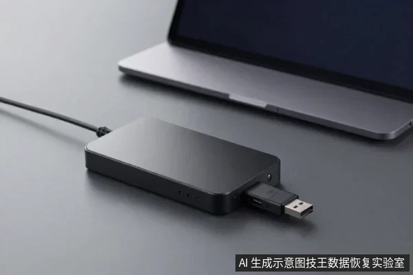 深色桌面上,一块黑色移动硬盘通过线缆连接,侧面USB接口插着一个U盘,后方有一台银色笔记本电脑。