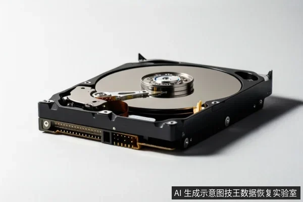 白色背景上展示一块打开顶盖的机械硬盘，可见金属盘片、中心主轴、磁头臂组件以及前端的SATA数据与电源接口。
