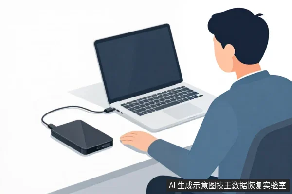 一名男子坐在桌前,面前是一台打开的笔记本电脑,左侧桌面上放着一块黑色外置移动硬盘,通过数据线连接到电脑。