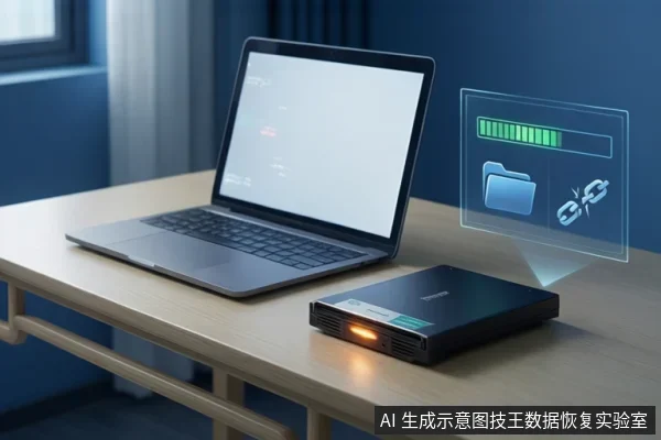 浅色木桌上放一台打开的笔记本电脑,右侧桌面放一个亮着橙色指示灯的黑色外置硬盘,旁边悬浮进度条、文件夹和连接图标。