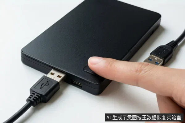 黑色移动硬盘盒平放,USB线插入接口,手指按压侧面按钮,另一根USB线在旁。
